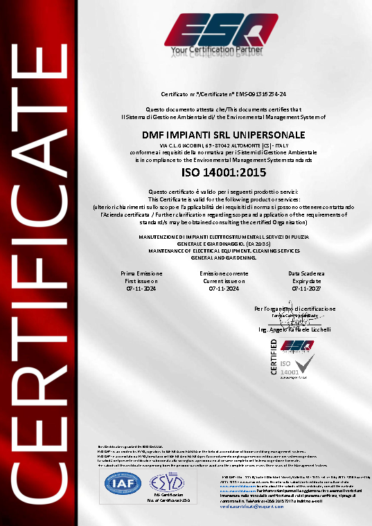 Prima pagina del certificato ISO 14001:2015 di DMF Impianti
