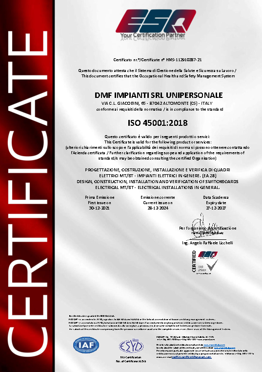 Prima pagina del certificato ISO 45001:2018 di DMF Impianti