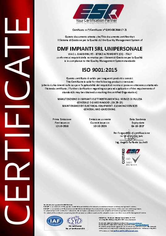 Prima pagina del certificato ISO 9001:2015 di DMF Impianti